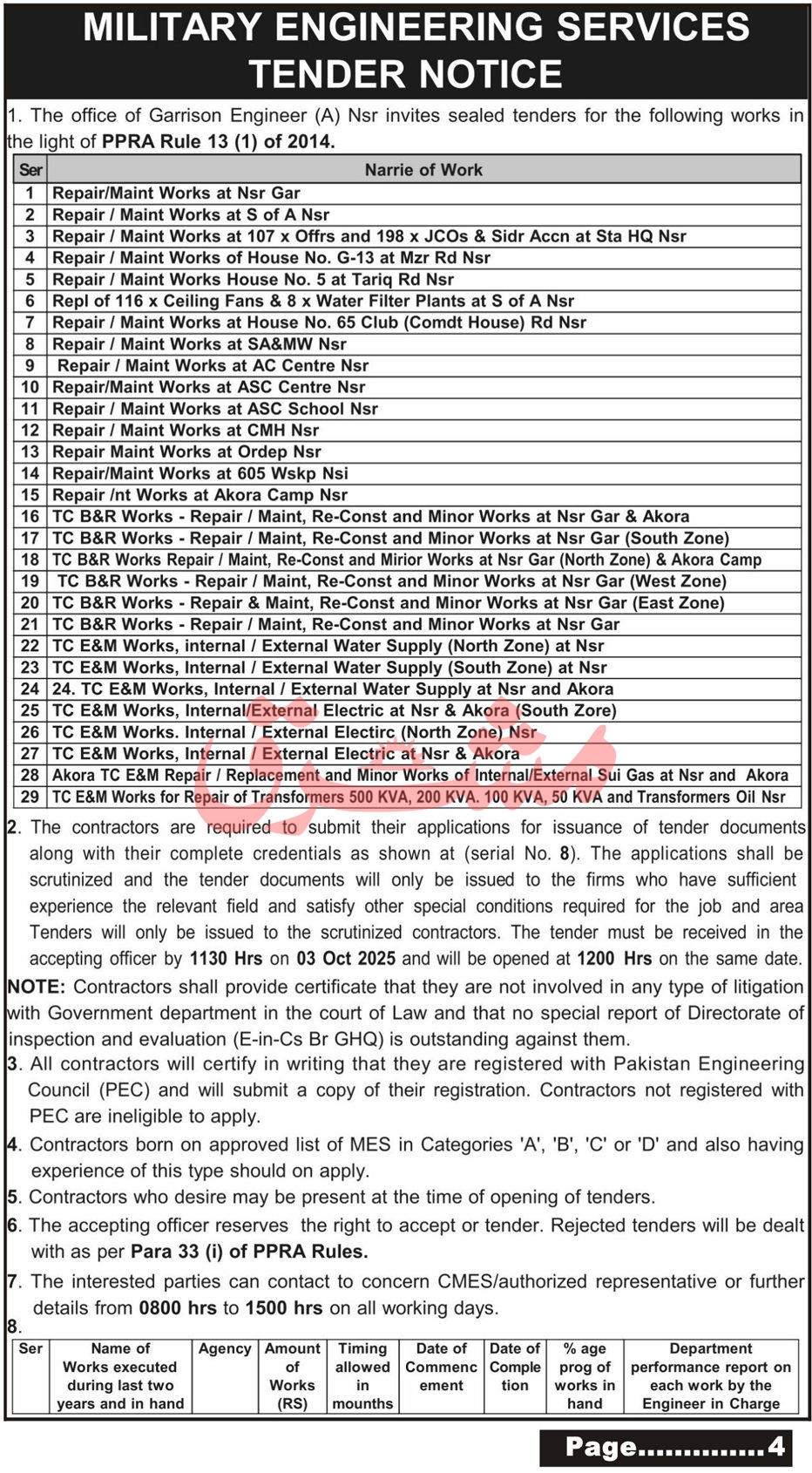 Military Engineering Services Tender Notice